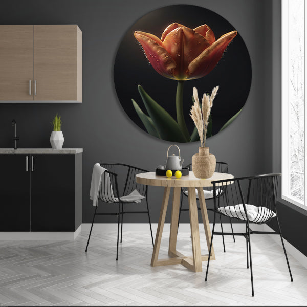 Dauwdruppels op levendige oranje tulp aluminium muurcirkel