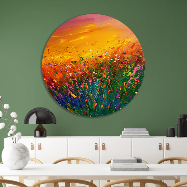 Abstract schilderij van bloemenveld bij zonsondergang aluminium muurcirkel