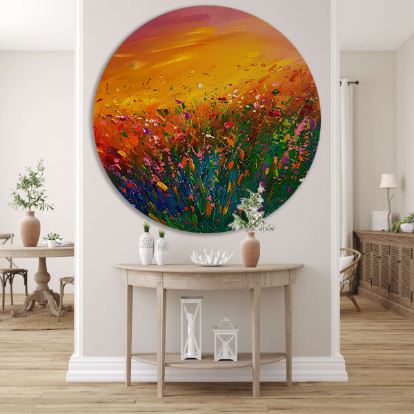 Abstract schilderij van bloemenveld bij zonsondergang aluminium muurcirkel