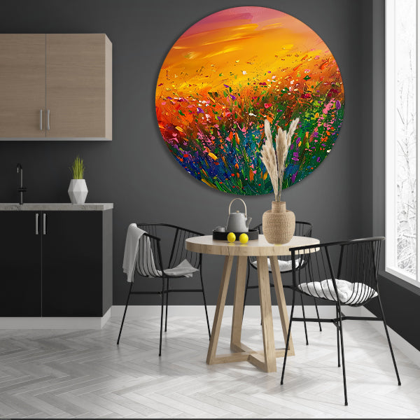 Abstract schilderij van bloemenveld bij zonsondergang aluminium muurcirkel