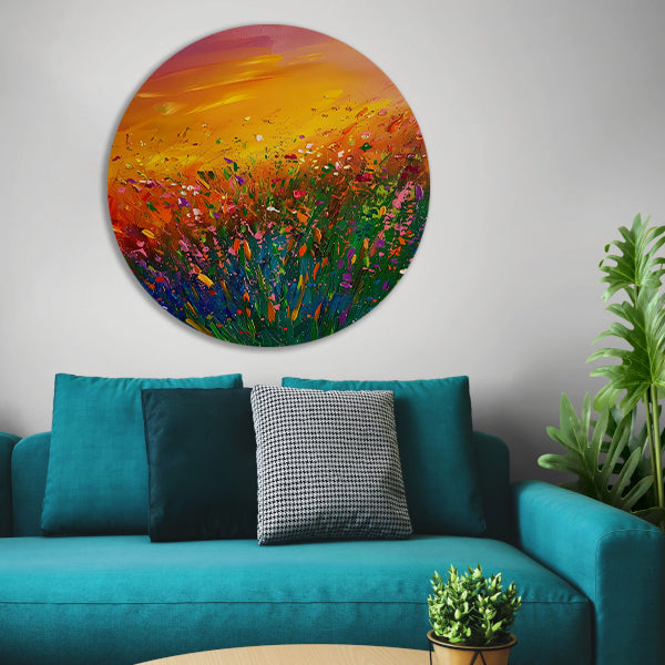 Abstract schilderij van bloemenveld bij zonsondergang aluminium muurcirkel
