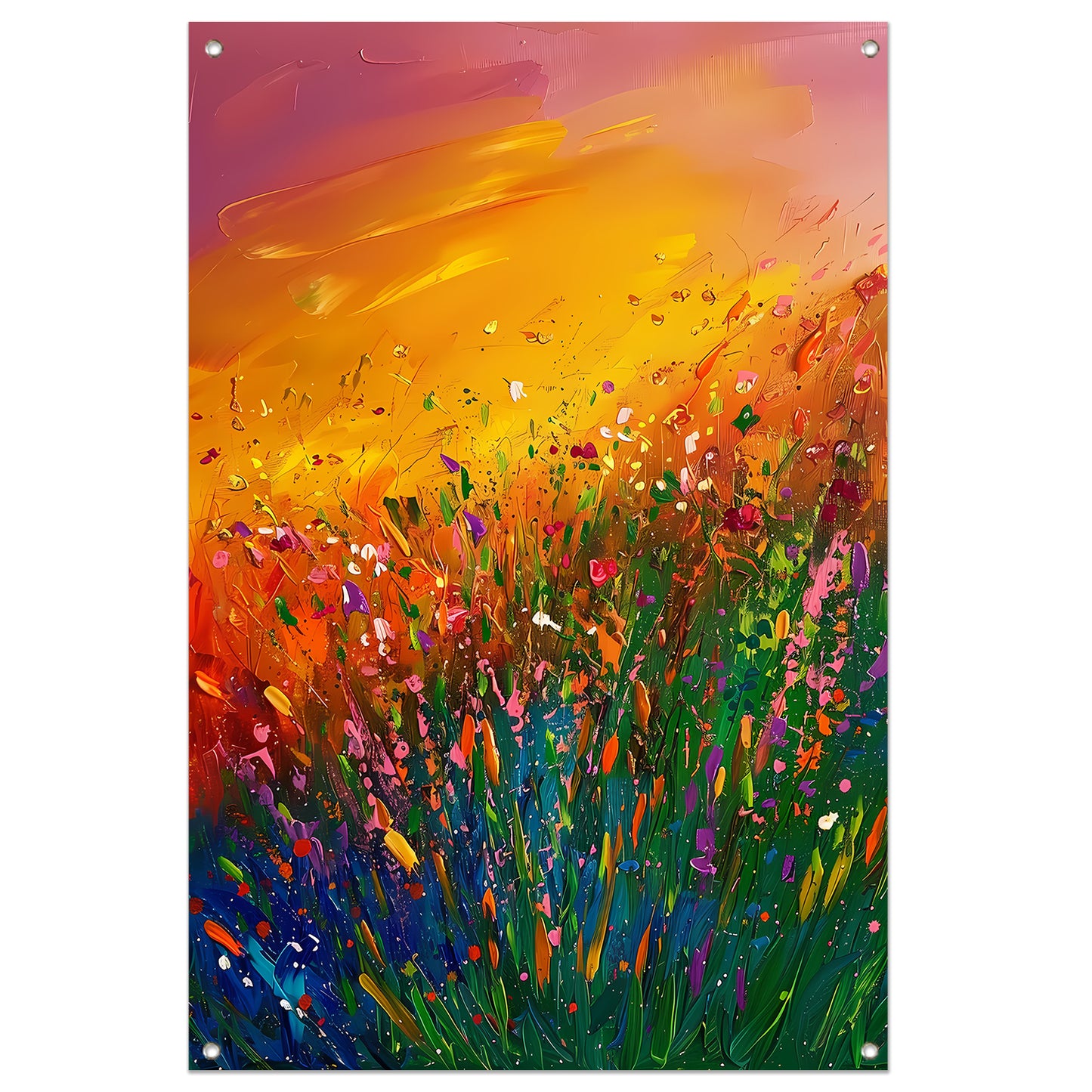 Abstract schilderij van bloemenveld bij zonsondergang tuinposter