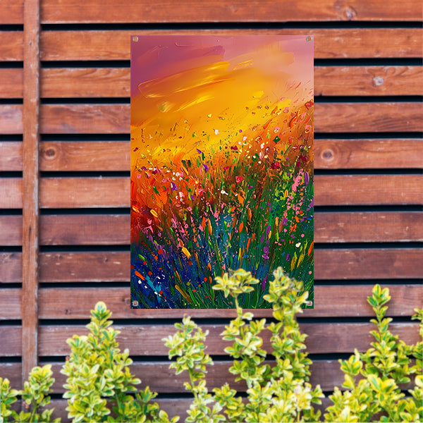 Abstract schilderij van bloemenveld bij zonsondergang tuinposter