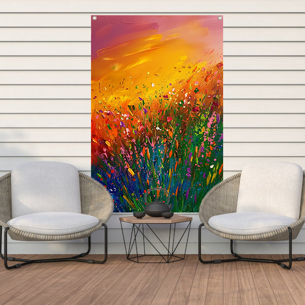 Abstract schilderij van bloemenveld bij zonsondergang tuinposter