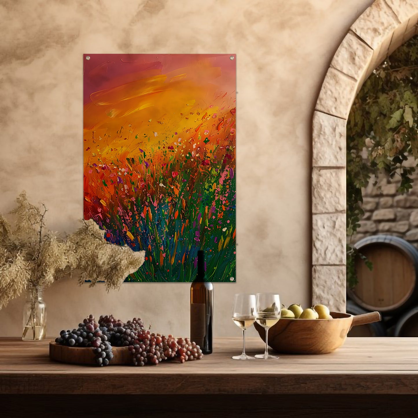 Abstract schilderij van bloemenveld bij zonsondergang tuinposter