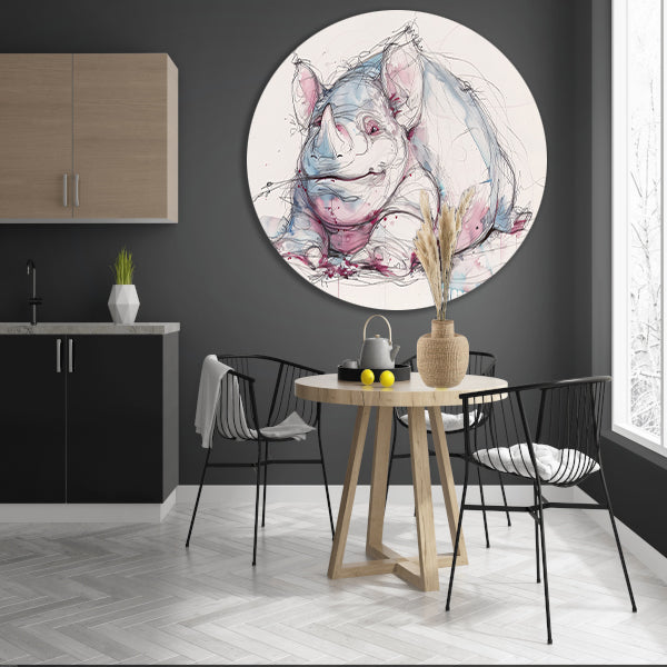Abstract kleurrijk neushoorn schilderij voor interieur aluminium muurcirkel