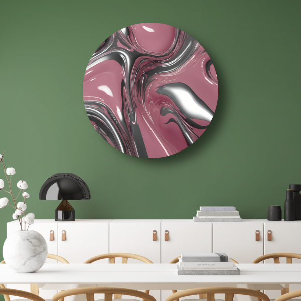 Dynamische Vloeiing in Zilver en Roze aluminium muurcirkel