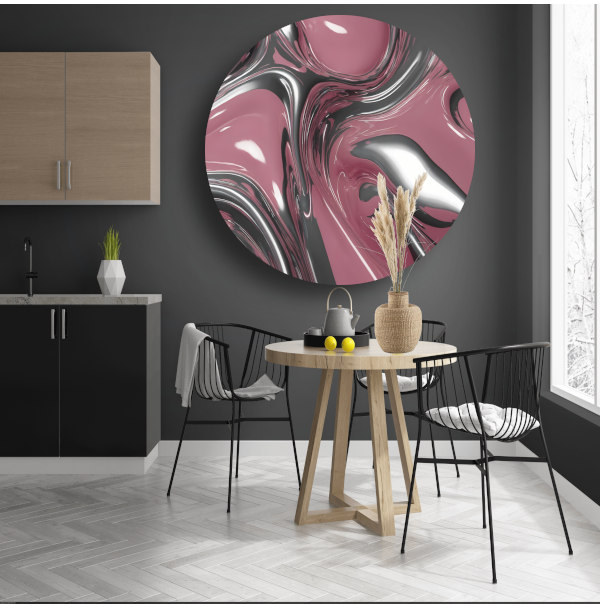 Dynamische Vloeiing in Zilver en Roze aluminium muurcirkel