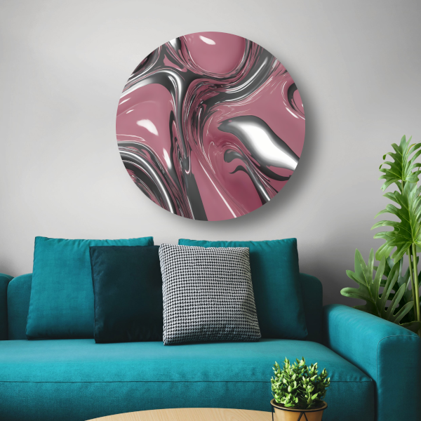 Dynamische Vloeiing in Zilver en Roze aluminium muurcirkel