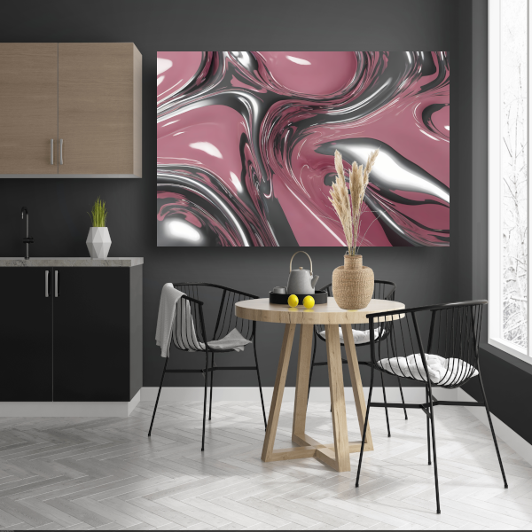 Dynamische Vloeiing in Zilver en Roze canvas met baklijst