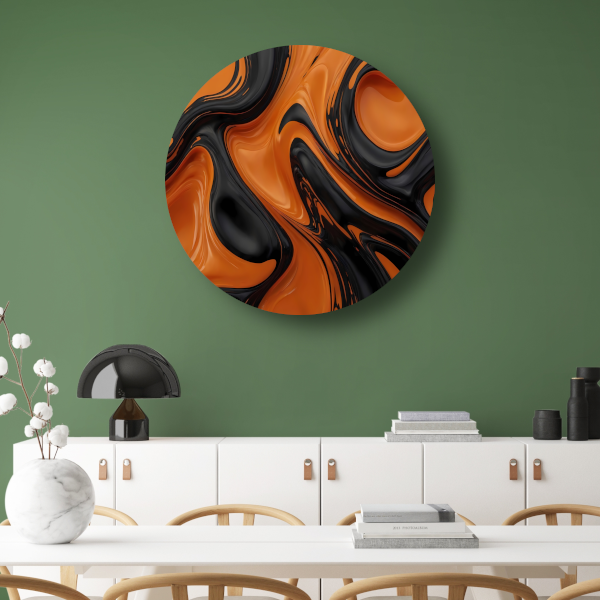 Dynamisch Oranje en Zwart Vloeibaar Design aluminium muurcirkel