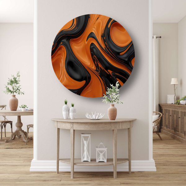 Dynamisch Oranje en Zwart Vloeibaar Design aluminium muurcirkel