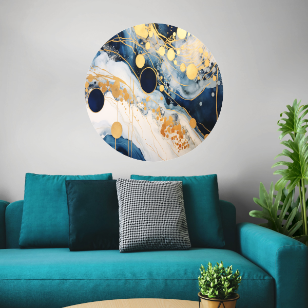 Blauwe diepten met gouden accenten aluminium muurcirkel