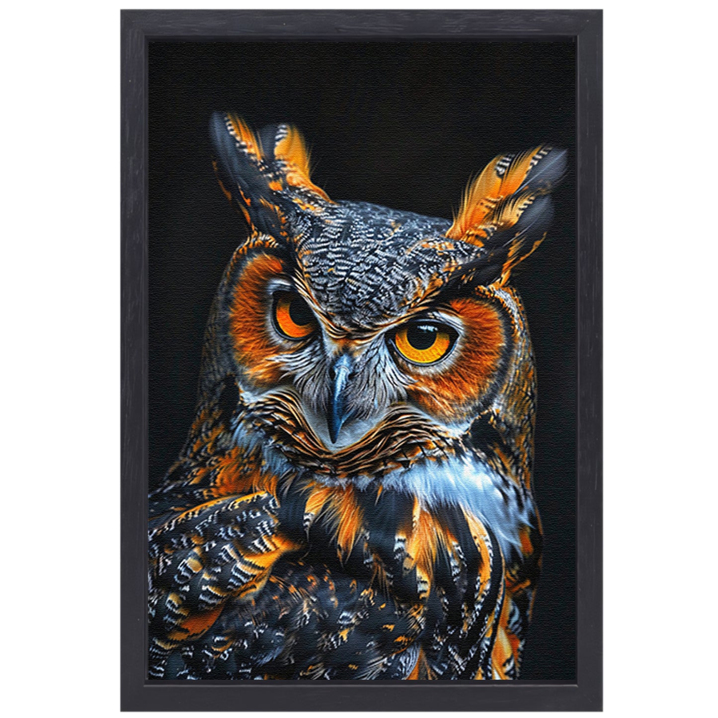 Hyperrealistische Uil met Intense Ogen en Kleurrijke Veren canvas met baklijst