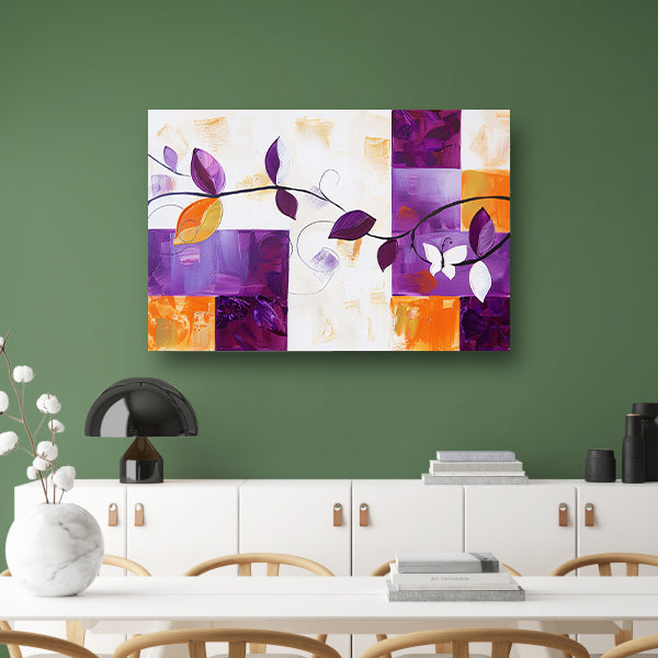Kleurrijk abstract schilderij met bladeren en vlinder poster