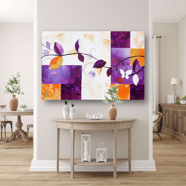 Kleurrijk abstract schilderij met bladeren en vlinder poster
