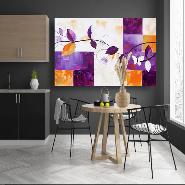 Kleurrijk abstract schilderij met bladeren en vlinder poster