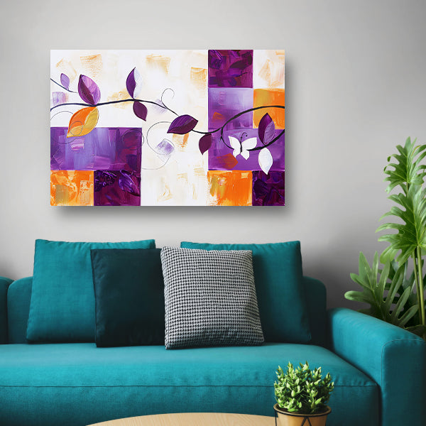 Kleurrijk abstract schilderij met bladeren en vlinder poster