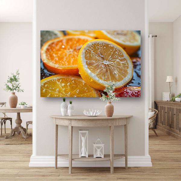 Citroenen en sinaasappels op snijplank canvas