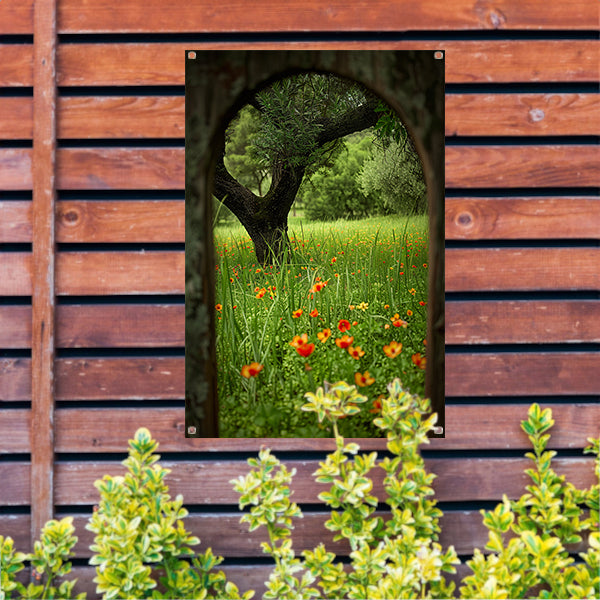 Bloemenweide met boom in boog tuinposter
