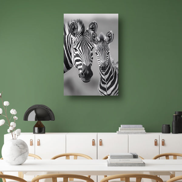 Zebra moeder en veulen in zwart-wit canvas met baklijst