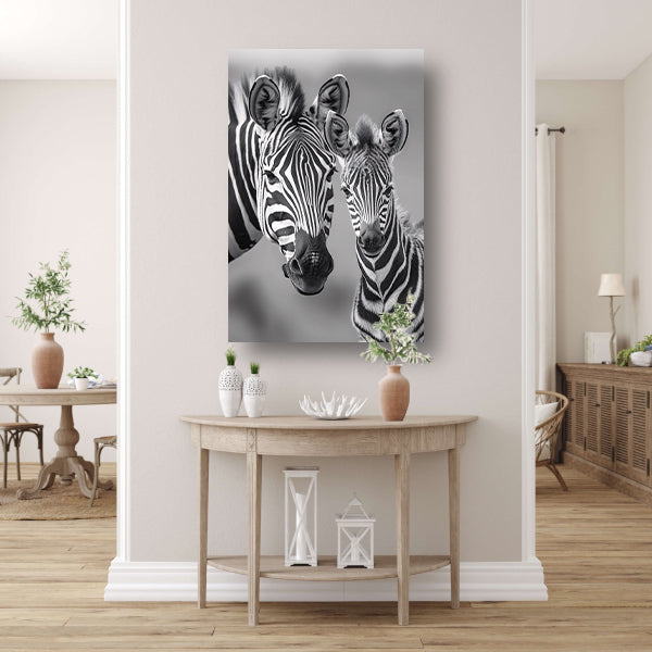 Zebra moeder en veulen in zwart-wit canvas met baklijst