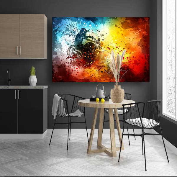 Abstracte Motorrijder in Eplosie van Kleur canvas met baklijst