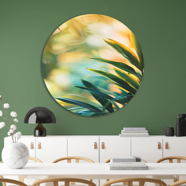 Groene bladeren in warm zonlicht aluminium muurcirkel