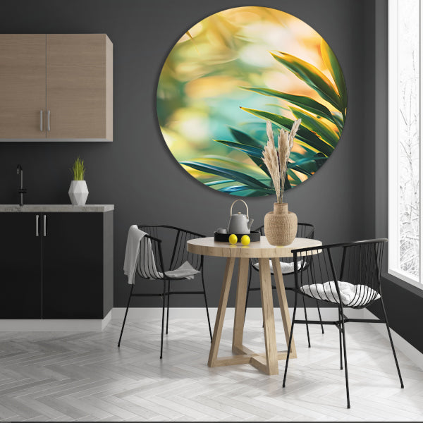Groene bladeren in warm zonlicht aluminium muurcirkel