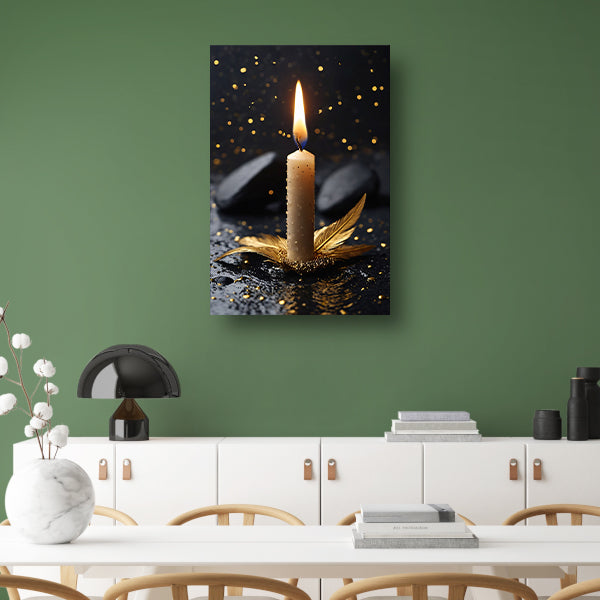 Kaarslicht met Gouden Veer op Zwarte Ondergrond canvas