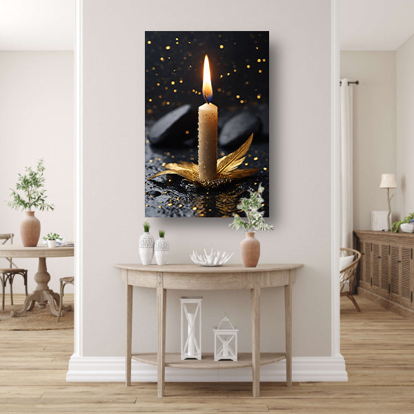 Kaarslicht met Gouden Veer op Zwarte Ondergrond canvas