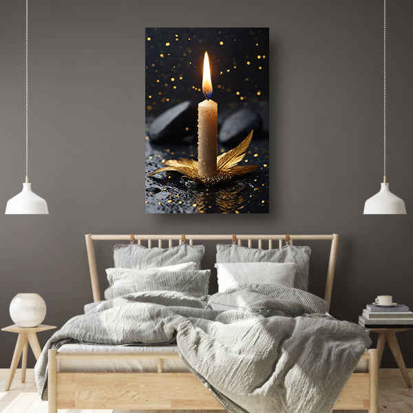 Kaarslicht met Gouden Veer op Zwarte Ondergrond canvas