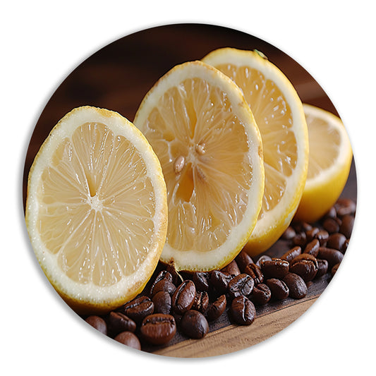 Citroenen en koffiebonen stilleven aluminium muurcirkel