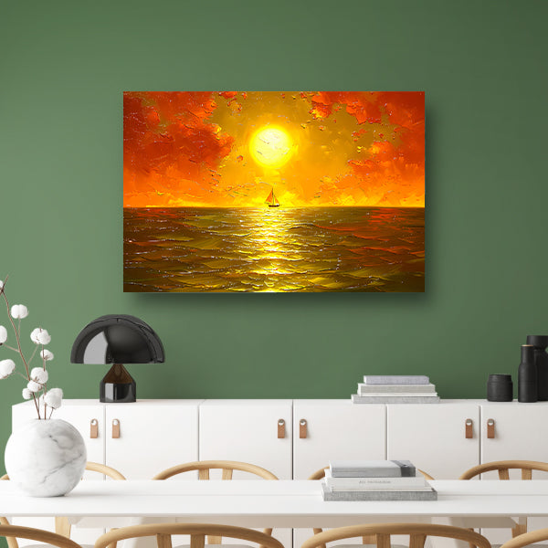 Prachtige zonsondergang met zeilboot op zee canvas