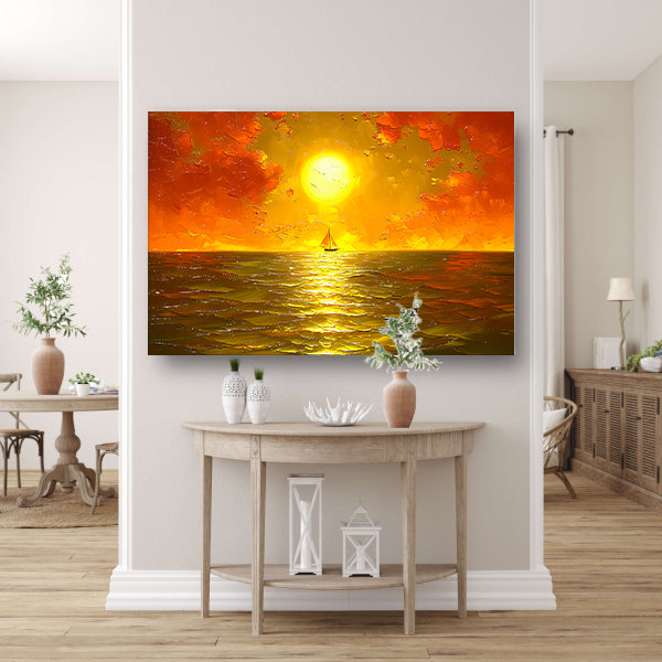 Prachtige zonsondergang met zeilboot op zee canvas