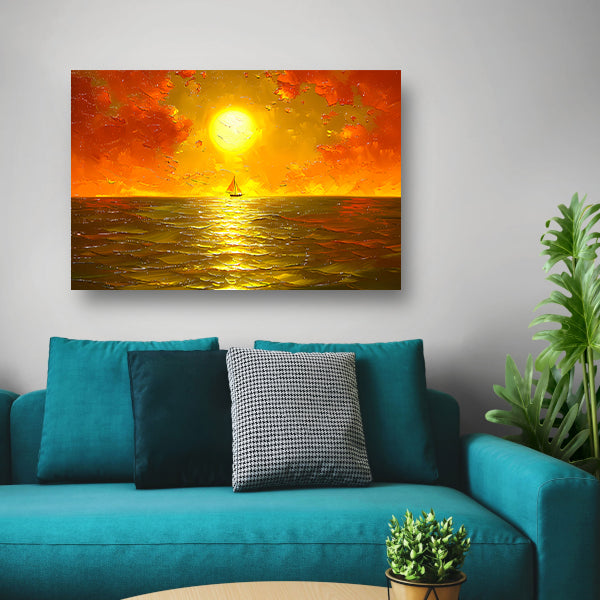 Prachtige zonsondergang met zeilboot op zee canvas
