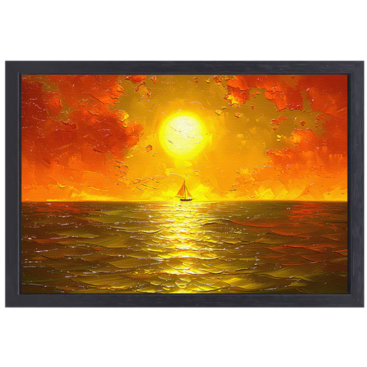 Prachtige zonsondergang met zeilboot op zee canvas met baklijst