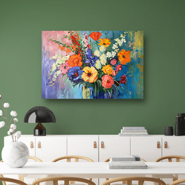 Impressionistisch schilderij van kleurrijke bloemen in vaas canvas