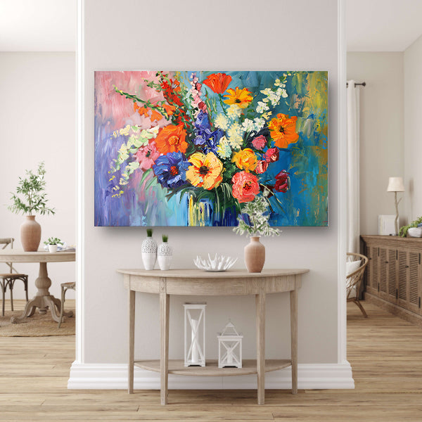 Impressionistisch schilderij van kleurrijke bloemen in vaas canvas