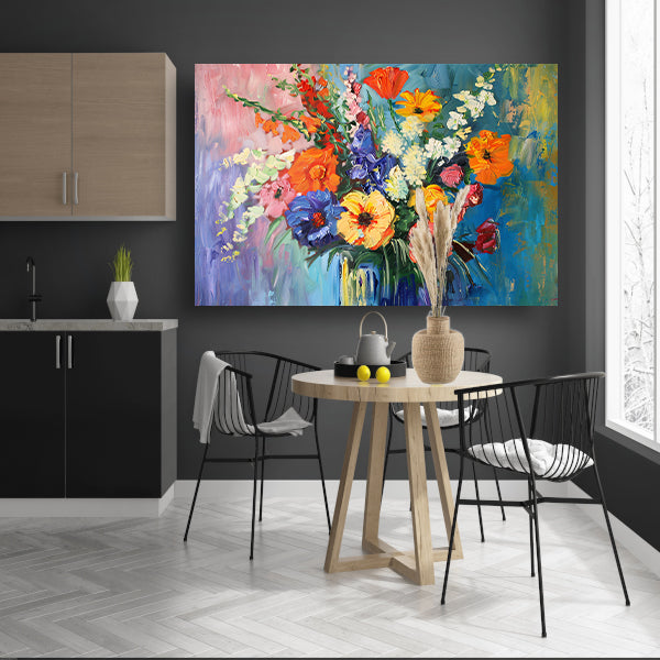 Impressionistisch schilderij van kleurrijke bloemen in vaas canvas