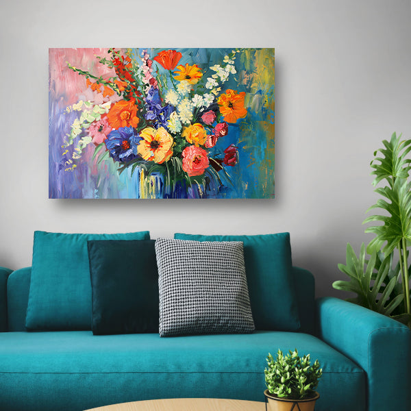 Impressionistisch schilderij van kleurrijke bloemen in vaas canvas