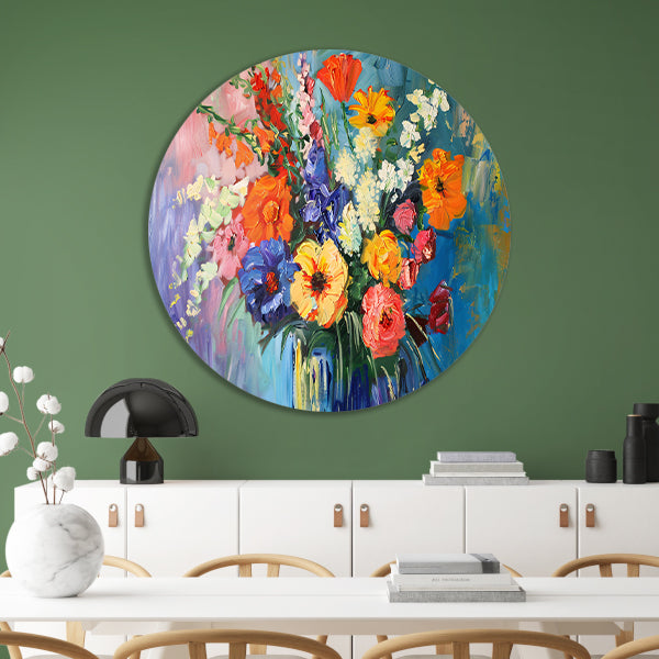 Impressionistisch schilderij van kleurrijke bloemen in vaas forex muurcirkel