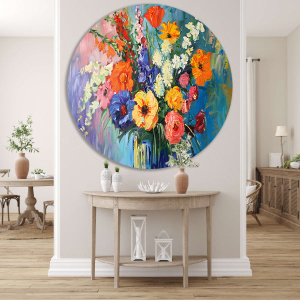 Impressionistisch schilderij van kleurrijke bloemen in vaas forex muurcirkel