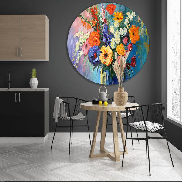 Impressionistisch schilderij van kleurrijke bloemen in vaas forex muurcirkel