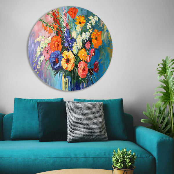 Impressionistisch schilderij van kleurrijke bloemen in vaas forex muurcirkel