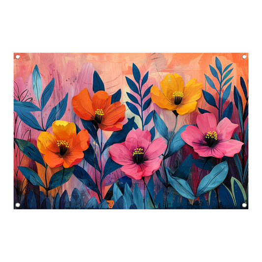 Kleurrijk schilderij van bloemen en bladeren tuinposter