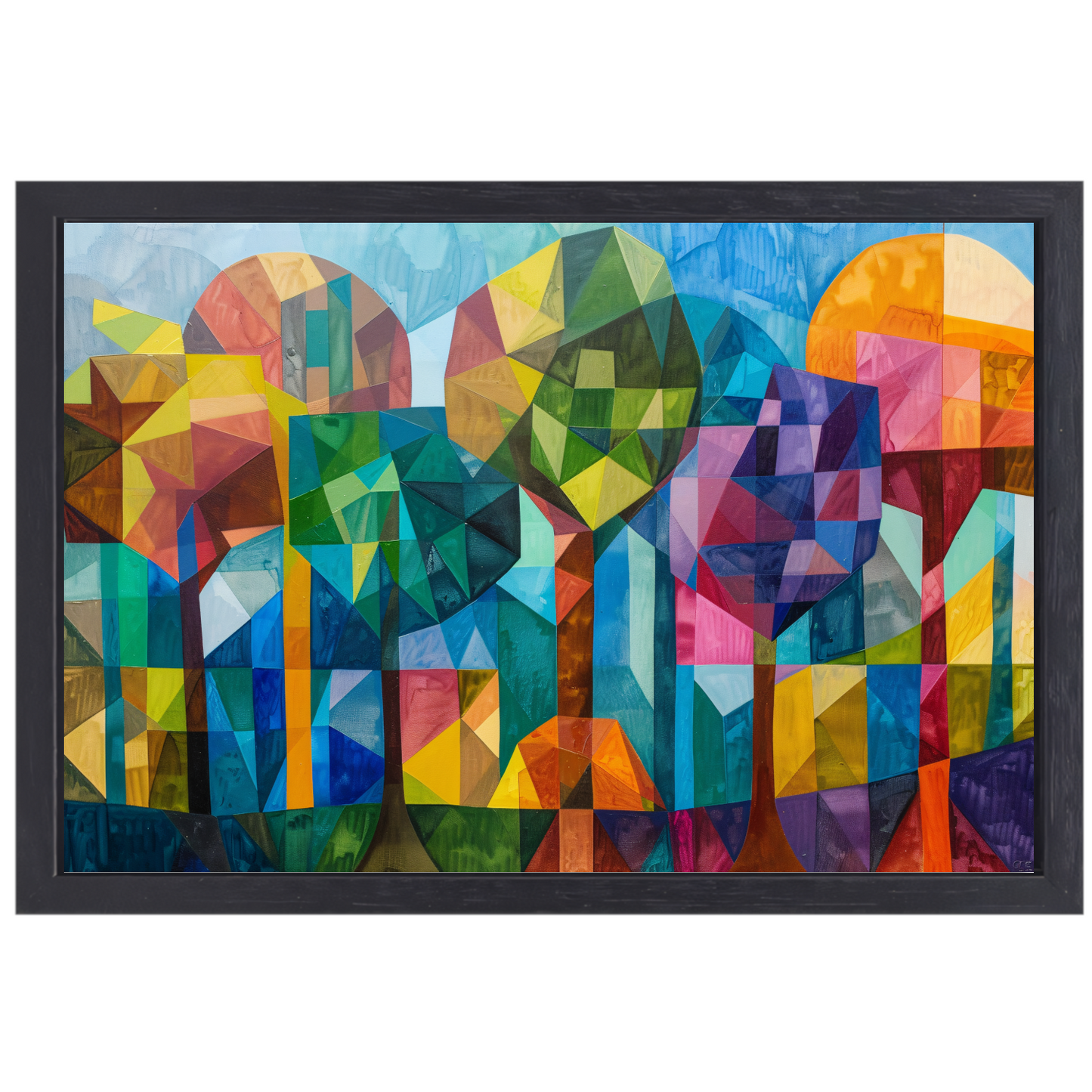 Abstracte kleurrijke bomen in geometrische stad canvas met baklijst