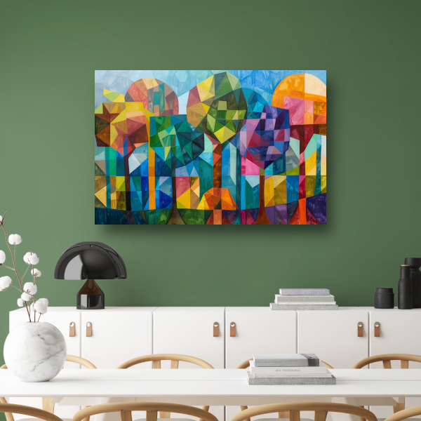 Abstracte kleurrijke bomen in geometrische stad poster