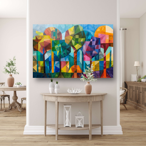Abstracte kleurrijke bomen in geometrische stad poster