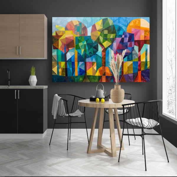 Abstracte kleurrijke bomen in geometrische stad poster